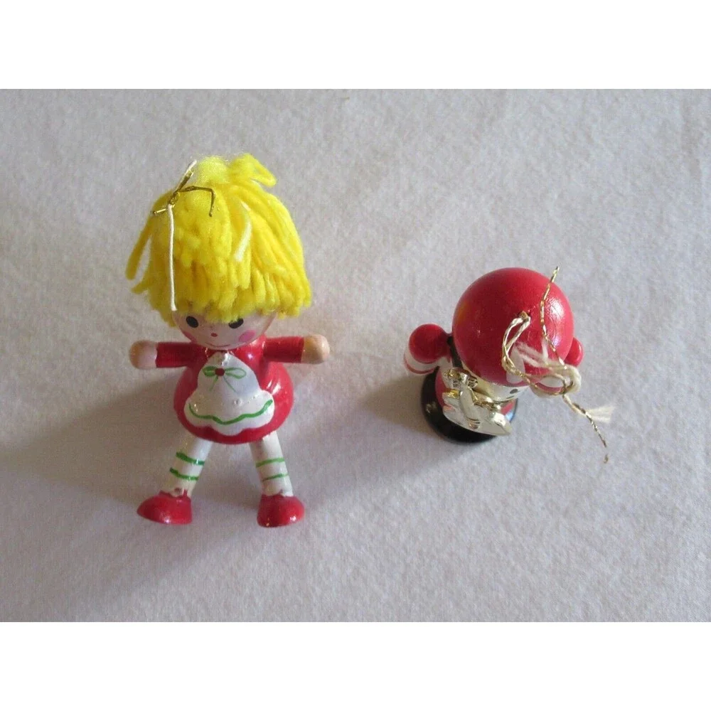 READ* Lot Vintage Wood Christmas Tree Ornament Doll Yarn Hair Toy Soldier Guitar